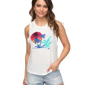 ROXY Off White Yum Yum Rum Tropical Graphic Print Muscle Tank Top‎ Women’s Large